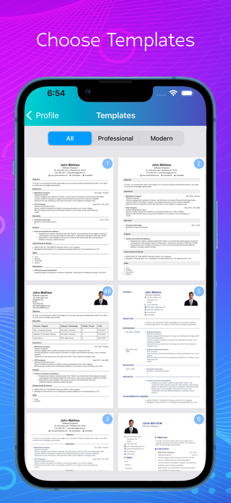 Resume : Intelligent CV Maker - インテリジェントCVメーカーアプリで利用可能な、さまざまなプロフェッショナルでモダンな履歴書テンプレートを表示するモバイルアプリ画面。