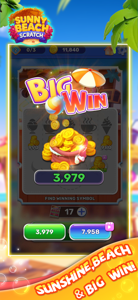 Sunny Beach Scratch - Ein Bildschirmscreen für einen großen Gewinn im Sunny Beach Scratch Mobile Game mit einer Tasche voller Goldmünzen und Grafik im Sommerstrand-Thema