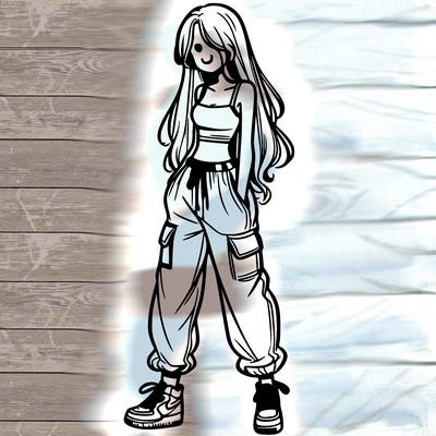girl in baggy pants crop top and long hair