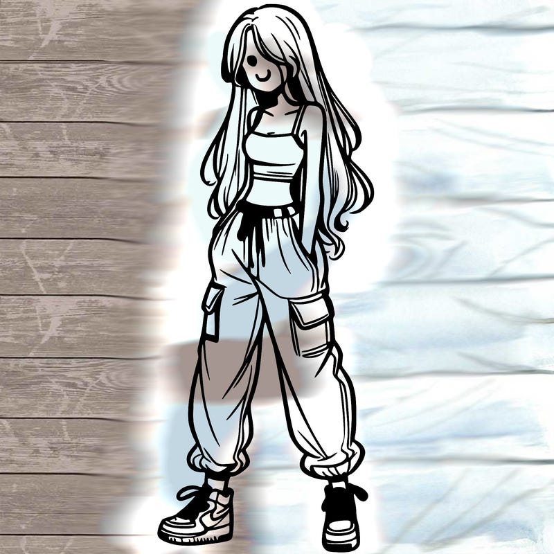 girl in baggy pants crop top and long hair