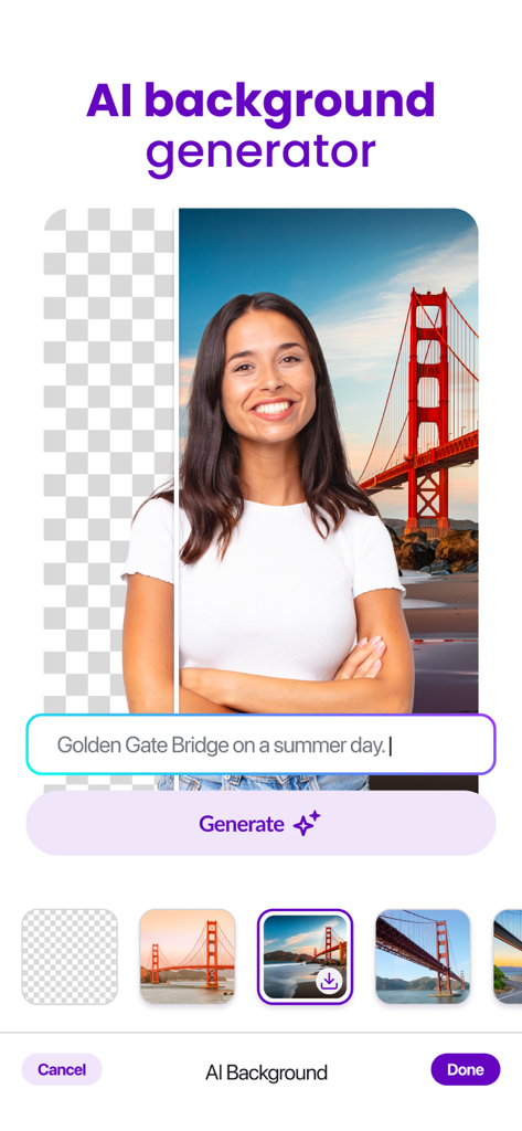 AI Background Editor - Ereasy - App interface showing AI background generation for a portrait using a text prompt of the Golden Gate Bridge