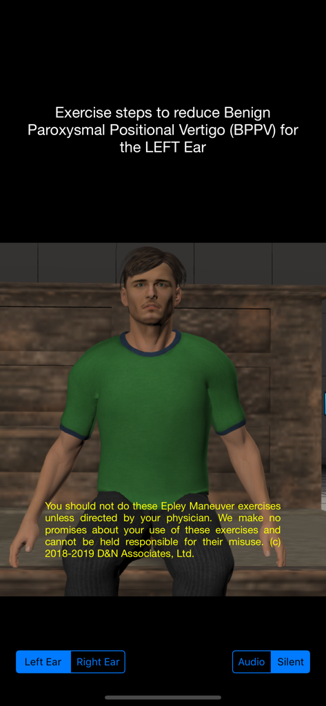 Vertigo Help - Screenshot of the Vertigo Help app displaying instructions and a 3D character for the Epley Maneuver for the left ear.