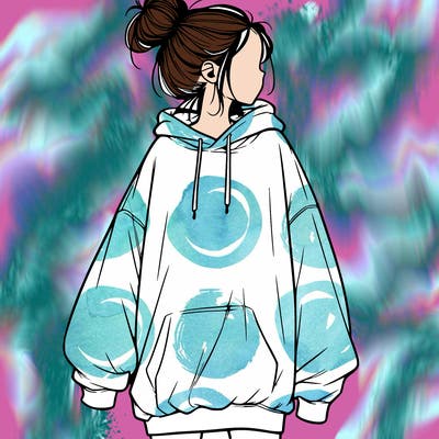 realistic girl with a oversized sweatshirt on and a bun