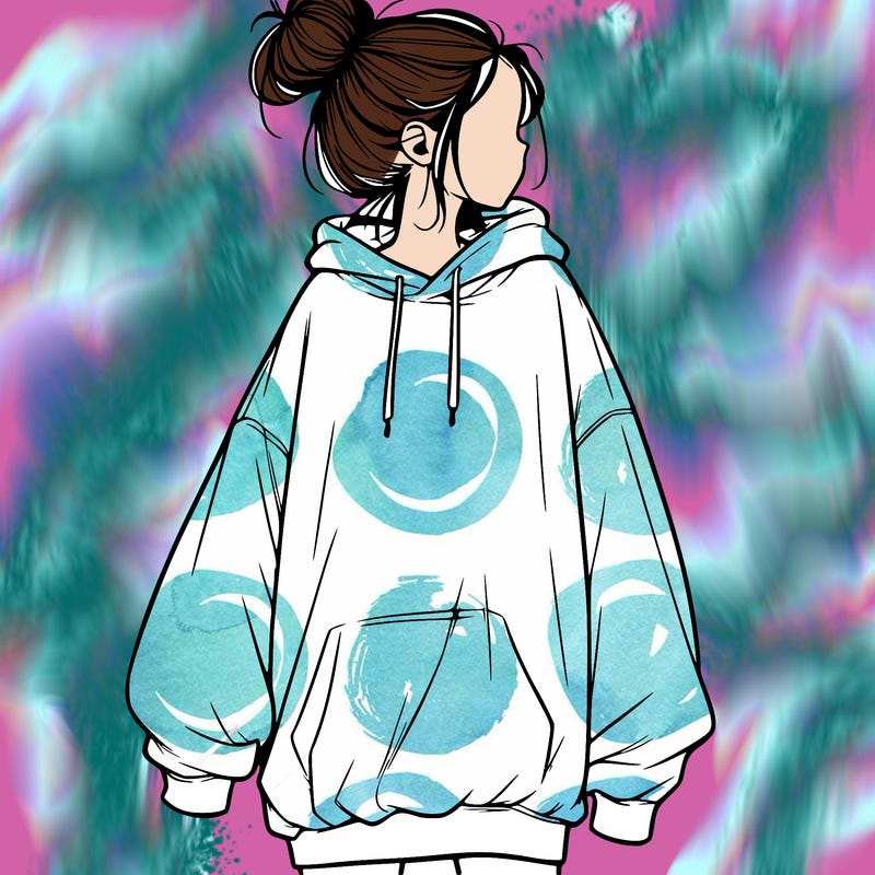 realistic girl with a oversized sweatshirt on and a bun