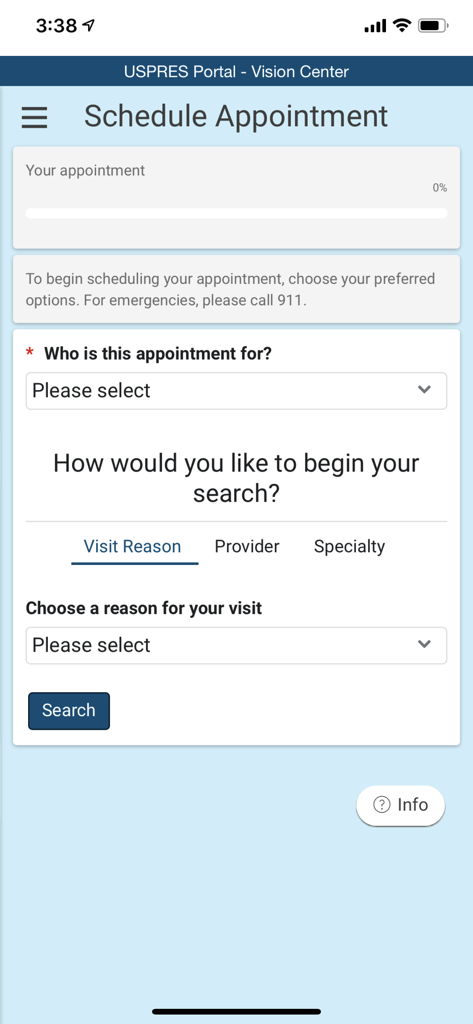 HealtheLife app interface for scheduling a medical appointment showing options for visit reason and provider search.