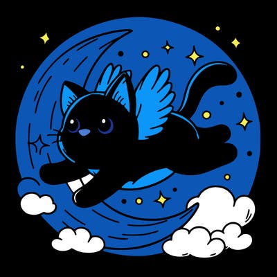 blue cat flying in the moon