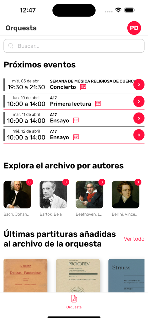 Rolling Scores - Orchestra management dashboard in Rolling Scores app showing upcoming rehearsal events composer archive and music scores