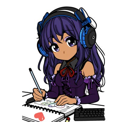 manga girl wearing headphones and drawing in sketchbook