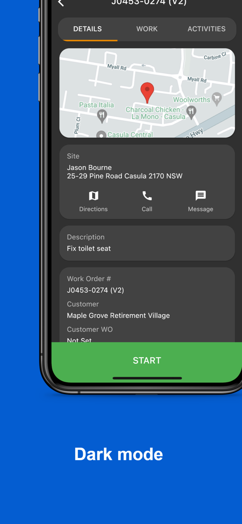 WorkBuddy mobile app showing job details map and start button in dark mode
