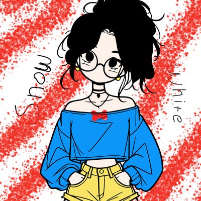 girl with a messy ponytail glasses a baggy crop top and jean shorts