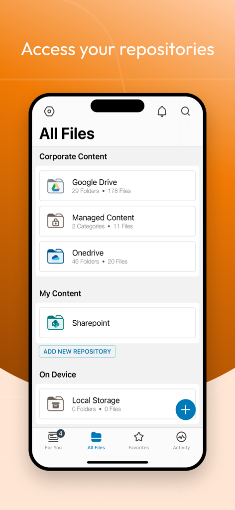 Aplicación Workspace ONE Content que muestra repositorios de archivos corporativos integrados como Google Drive y SharePoint.