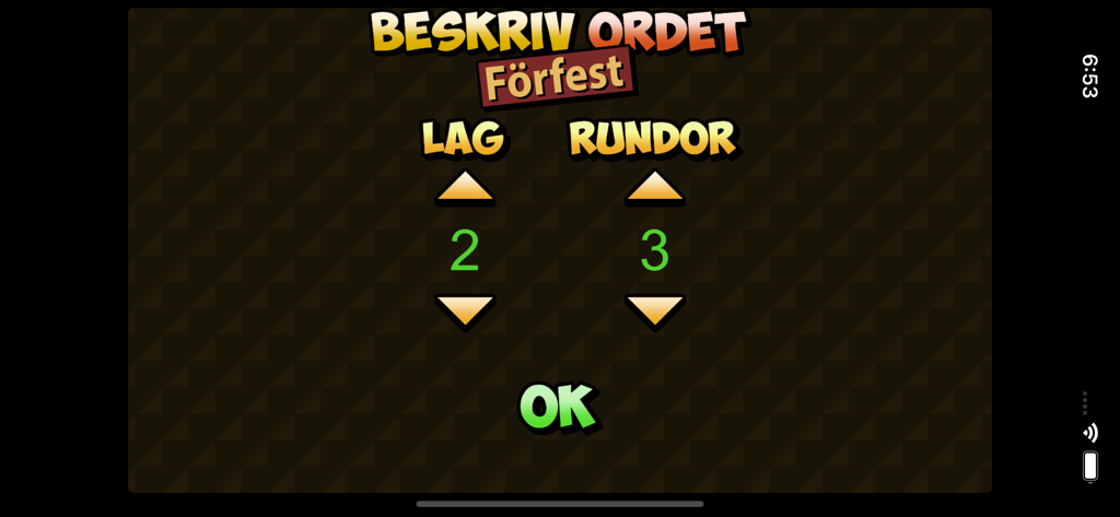 Setup screen for selecting teams and rounds in the Beskriv Ordet Förfest app