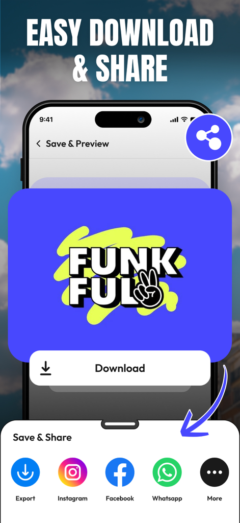 Mobile App-Oberfläche, die einfache Download- und Social-Media-Share-Optionen für ein benutzerdefiniertes Logo-Design zeigt.