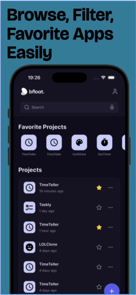 Bfloat Go App-Oberfläche mit einer Liste von Lieblings- und aktuellen App-Bauprojekten