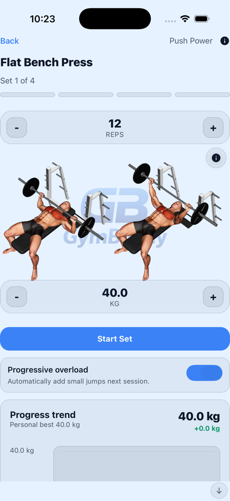 GymBuddy 1 - GymBuddy 1 app screen for tracking flat bench press sets and progressive overload