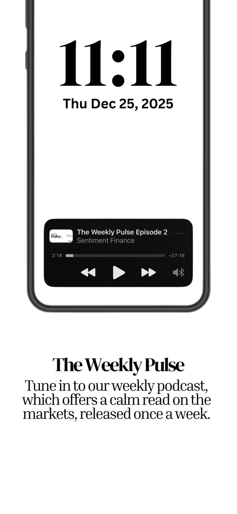 Sentiment: Finance News - Mobile lock screen showing the Weekly Pulse finance podcast player from the Sentiment app.