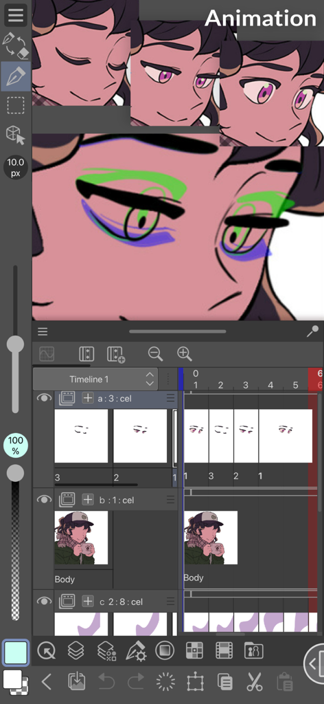 Clip Studio Paint für iPhone-Animationsschnittstelle, die eine Figur und eine Zeitleiste zeigt.
