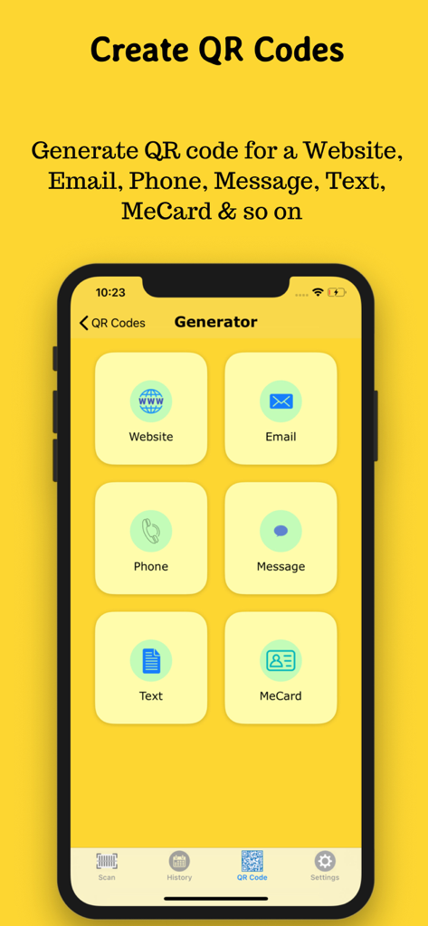 QR-Code Scan - App screen showing options to create QR codes for websites emails phone numbers messages text and MeCards