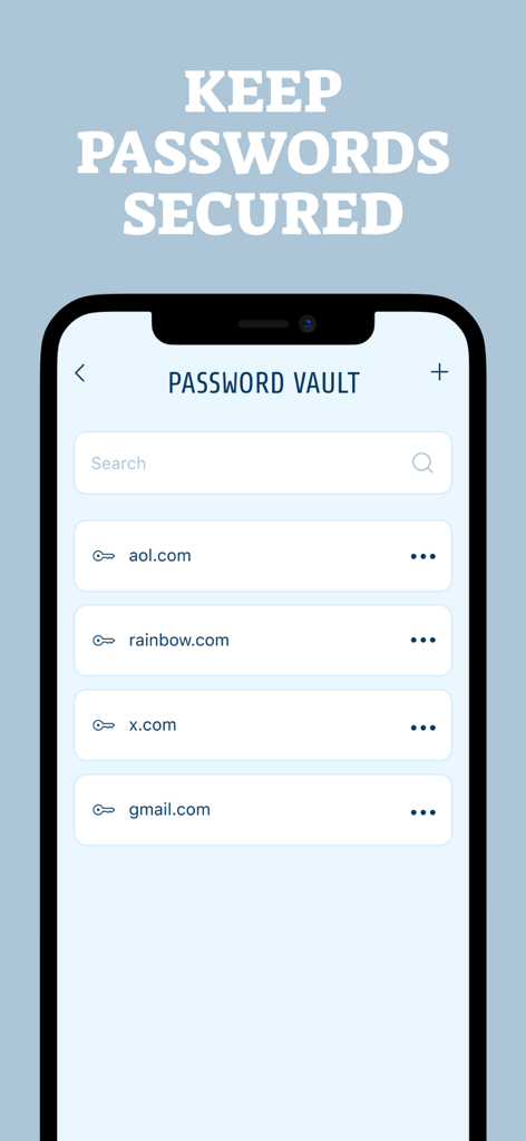 DataDefender: Keep your data - Interfaz de la aplicación DataDefender que muestra una bóveda de contraseñas segura con una lista de credenciales de cuenta almacenadas