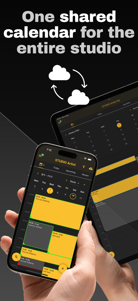 Shared calendar interface for tattoo studios displayed on a smartphone and tablet with cloud synchronization