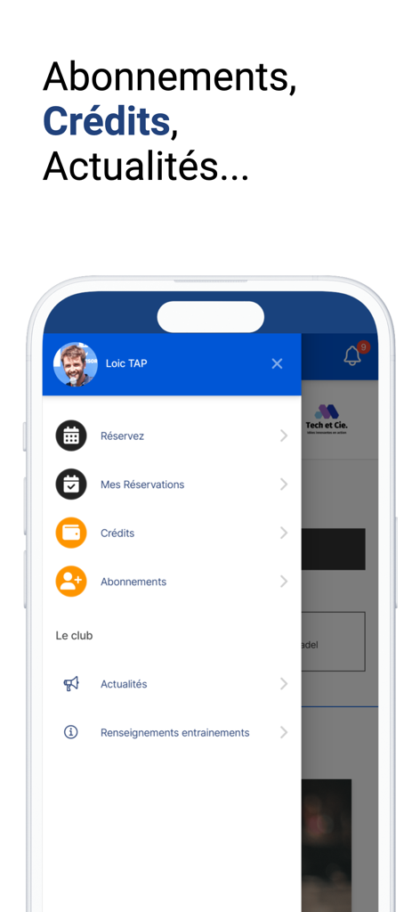 GreenPoint - GreenPoint mobile app interface showing the navigation menu for club members to book courts and manage memberships