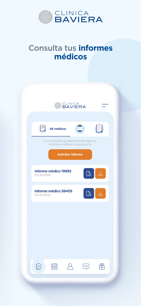 Área paciente Clinica Baviera - Screenshot of the Clinica Baviera patient app showing a list of medical reports and a button to request new ones.