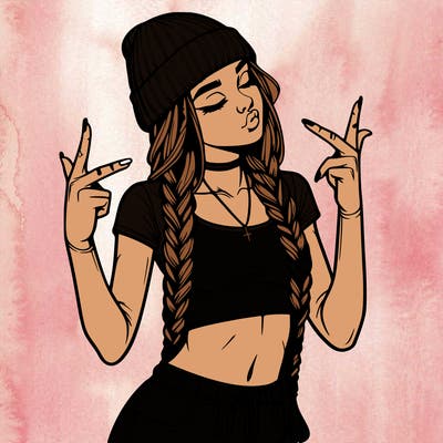 realistic teenage girl with braids and a beanie and crop top doing 🫶🏼