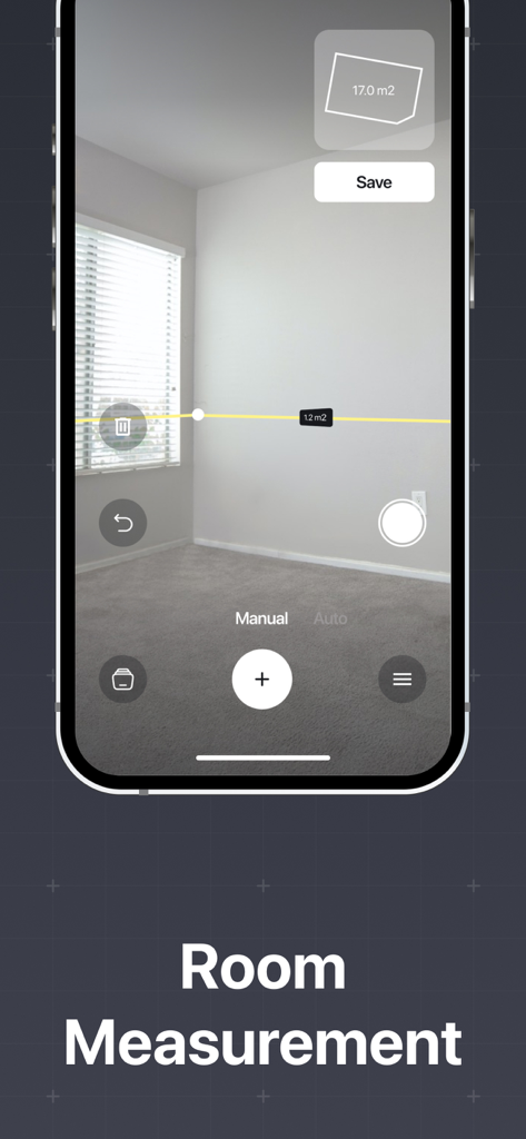 Screenshot der Maßband Raumscanner App, die eine AR-Messung eines Raumes mit einer berechneten Fläche zeigt