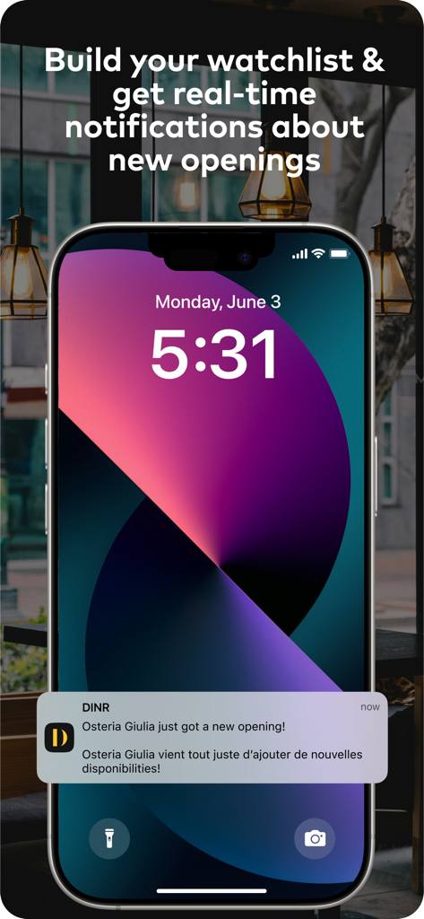 A smartphone lock screen showing a real time notification from the DINR app about a new restaurant opening.