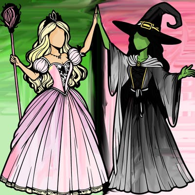 detailed realistic split of a princess and a witch