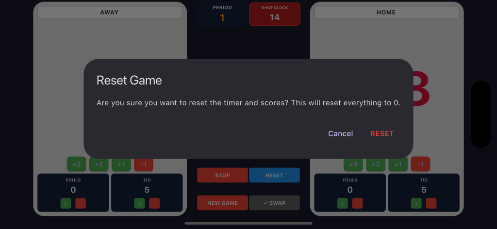 Simple Smart Score Board - Reset game confirmation dialog in the Simple Smart Score Board app