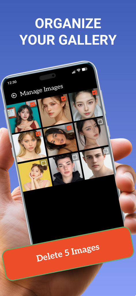 Photos Cleaner: Swipe & Delete - Pantalla del iPhone que muestra la interfaz de Gestionar Imágenes con cinco fotos seleccionadas para eliminar para liberar espacio de almacenamiento