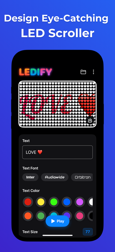 LED Scroller: Ledify - Interfaz de la aplicación Ledify mostrando cómo diseñar un desplazador LED con puntos en forma de corazón y texto y colores personalizados.
