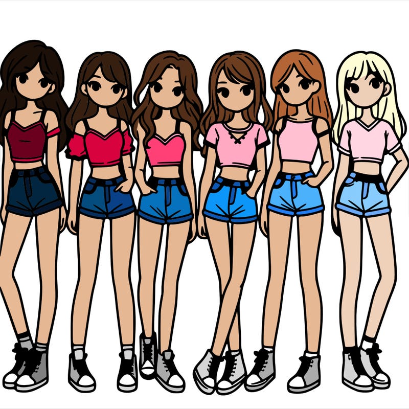 a group of girls wearing crop tops and shorts