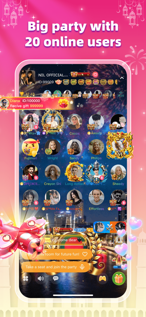 Farah-Chat & Games & Family - Farah app screen showing a large group voice chat room with twenty users and virtual gifts