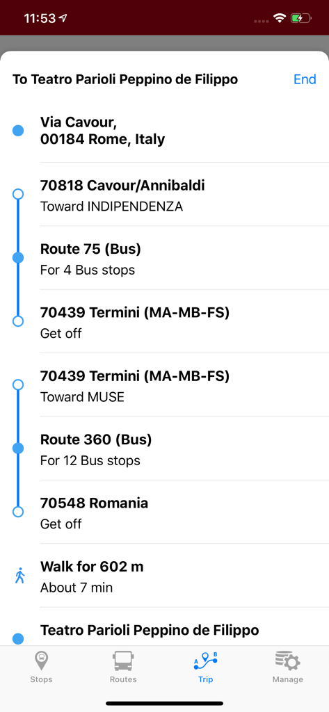 A screenshot of the Bus Roma app showing a step-by-step public transit route with bus numbers and stops in Rome