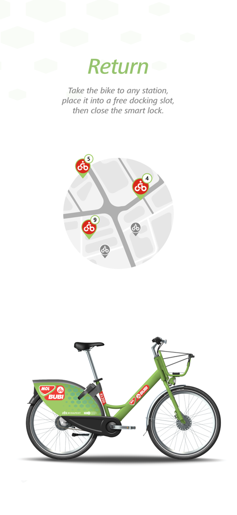 Tela de instruções para o aplicativo de compartilhamento de bicicletas MOL Bubi mostrando um mapa de estação e uma bicicleta verde