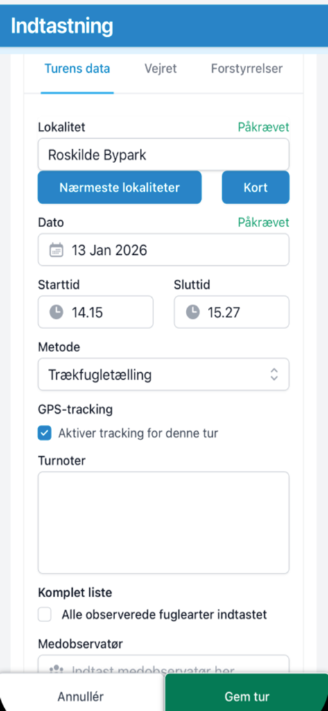 DOFbasen Indtastning - Bird observation entry form in the DOFbasen Indtastning app