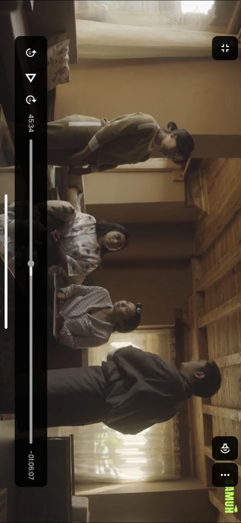 A scene from a Bhutanese drama playing on the Samuh app video player interface