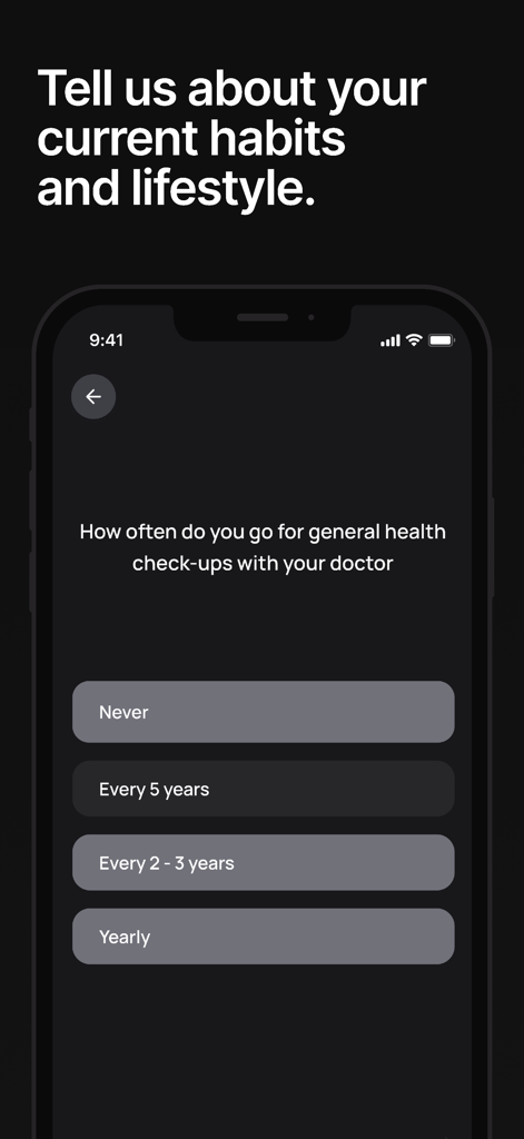 Life Clock - Live Longer - Questionnaire screen in Life Clock app asking about medical check-up frequency