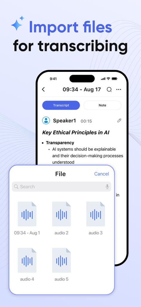 AI Notebook & Voice Memo - An iPhone screen showing an audio file selection menu overlaying a lecture transcript titled Key Ethical Principles in AI