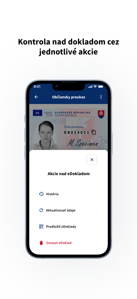 eDOKLADY - Smartphone screen showing the eDOKLADY app with a digital identity card and an action menu for document management