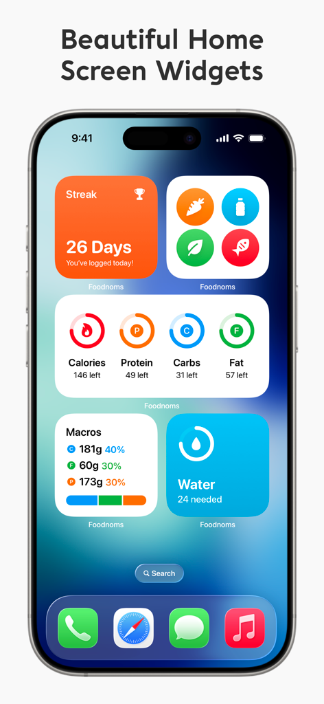 Nutrition Tracker: Foodnoms - An iPhone home screen showing various Foodnoms widgets for tracking nutrition streaks, calories, macros, and water intake.