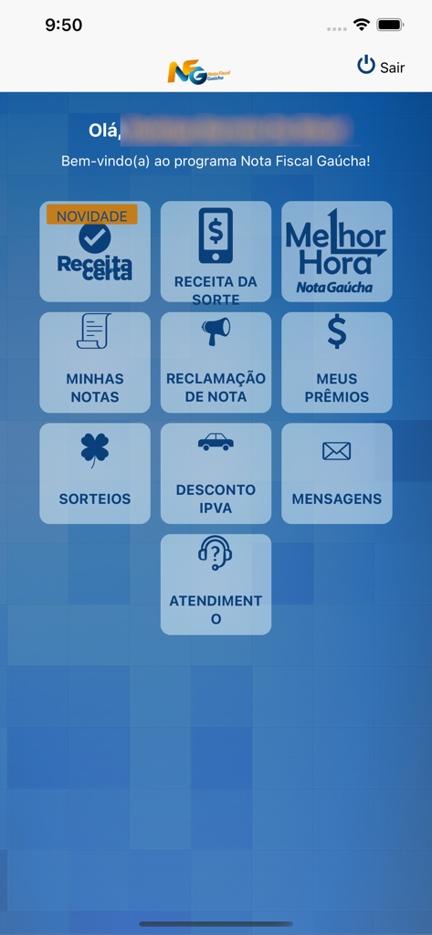 Menu principal de l'application Nota Fiscal Gaucha avec des options pour les reçus fiscaux, les prix et les réductions d'IPVA.
