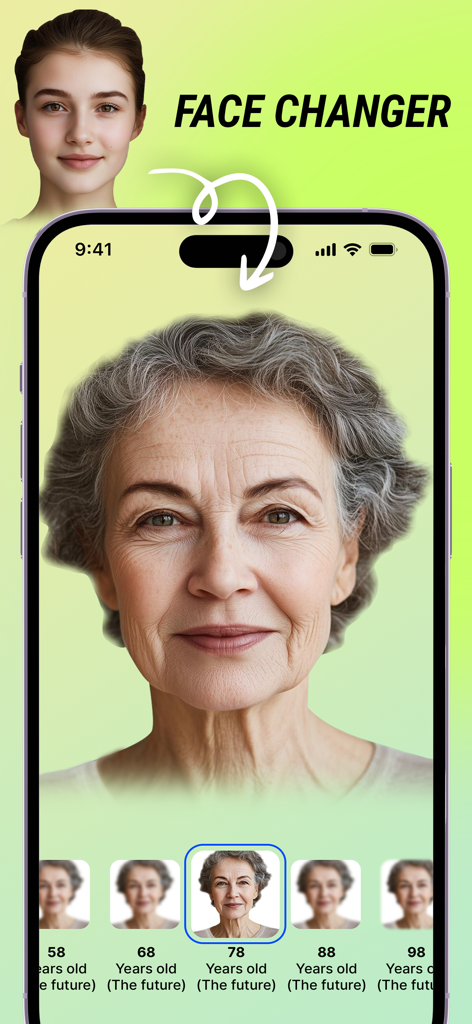 Future Self Face Aging Changer - A smartphone screen demonstrating an AI aging filter that transforms a young woman face into a realistic version of her at age 78