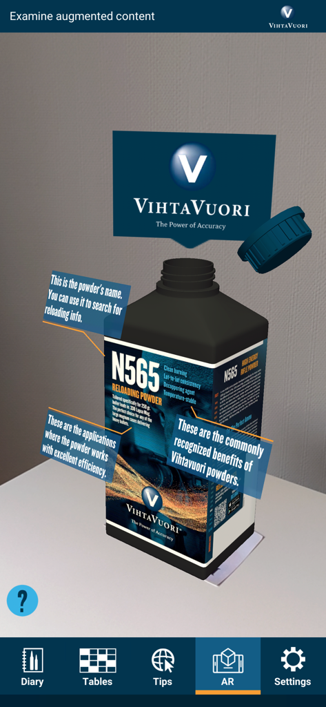 Augmented-Reality-Ansicht eines Vihtavuori N565 Pulverflaschenetiketts mit erklärenden Callouts.