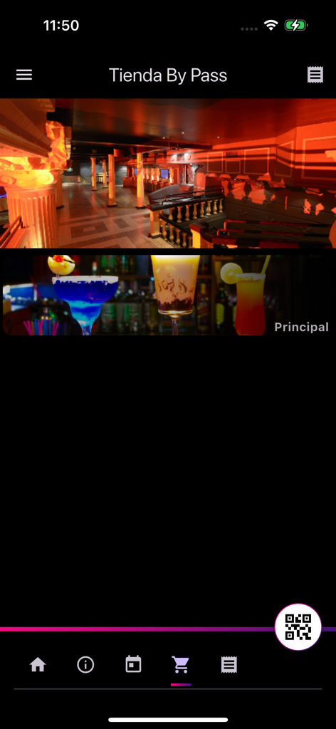 Interface do aplicativo Efesur mostrando a loja da boate com fotos de uma pista de dança e coquetéis