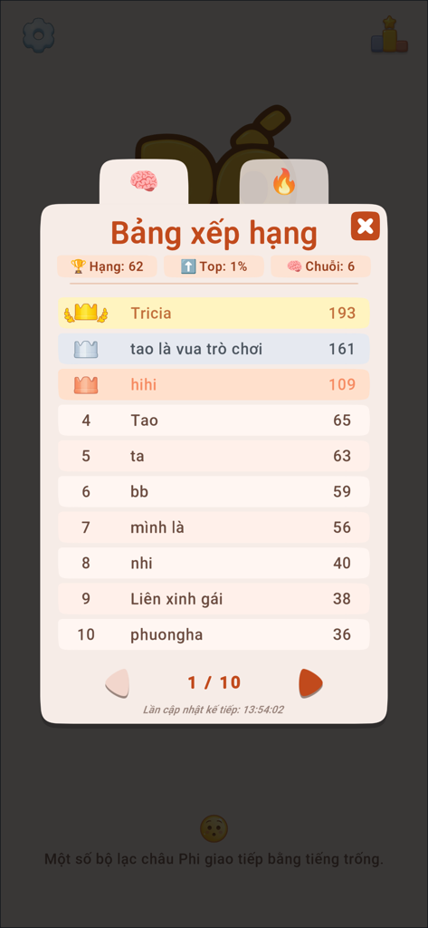 Đố Vui Hại Não - Siêu Trí Tuệ - Leaderboard screen in Vietnamese trivia app showing top player rankings and scores