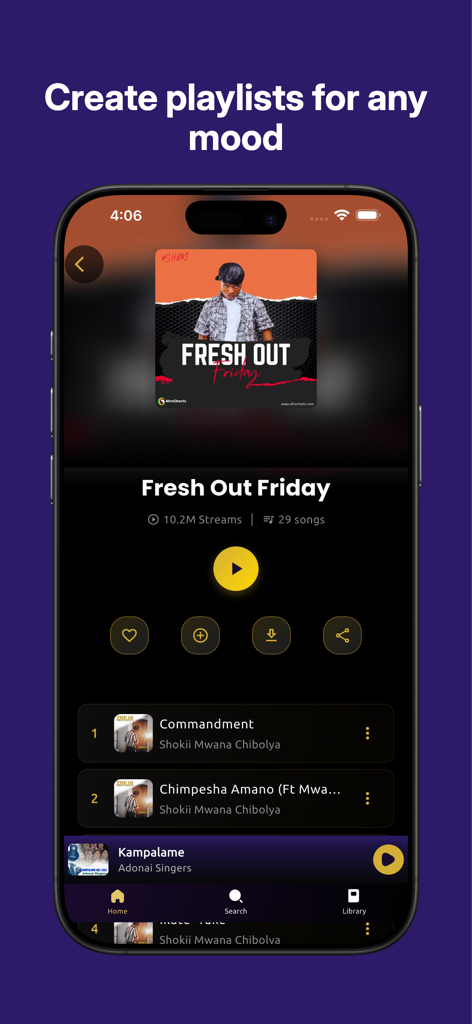 AfroCharts mobile app interface displaying a curated music playlist called Fresh Out Friday with various African artists