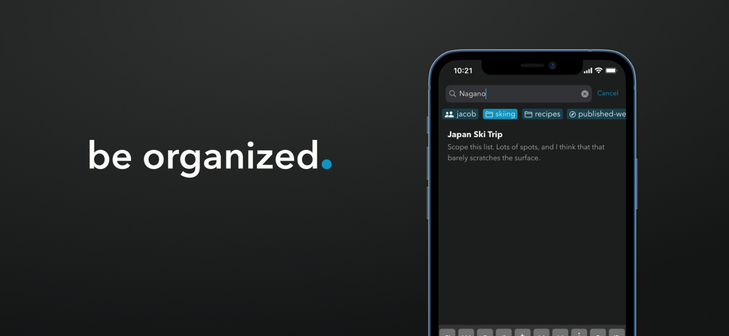 Minimal | Writing + Notes - Minimal notes app screenshot showing dark mode search UI and organized note folders on an iPhone